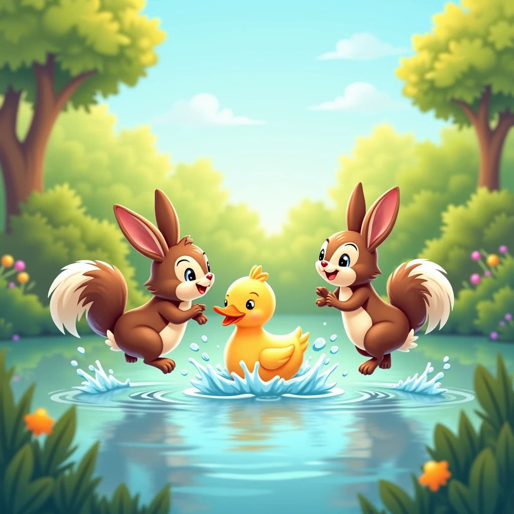 sunny day with blue sky, brown bunny and squirrel met duck and jump in the lake together with a joyful splash