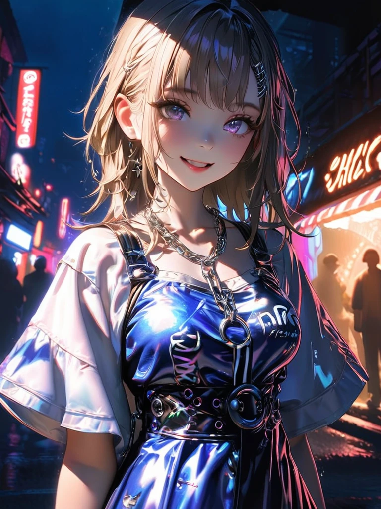 1 girl, chromatic aberration, Written boundary depth, Soft Light, masterpiece, Highest quality, complicated, Tone Mapping, A place where fireworks are set off at festivals. Concept Art, Smooth, Clear focus, Dramatic lighting, Very cinematic, super practical painting, アートステーション's trending, 8k, Incredible Shadows, practical, whole body, View, Viewers, Portrait of a Girl 1, standing on street corner, Heavy rain and lightning、Dark Sky, neon and cyber punk background, she is dressed in punk clothing with silver chains and silver spikes, Her hair was dyed light brown..................Ominous aura of light, smile, punk, ciber punk, Backlight.Fashionable clothes、Friendly dress code: Wearing a blue dress.My breasts are a little big