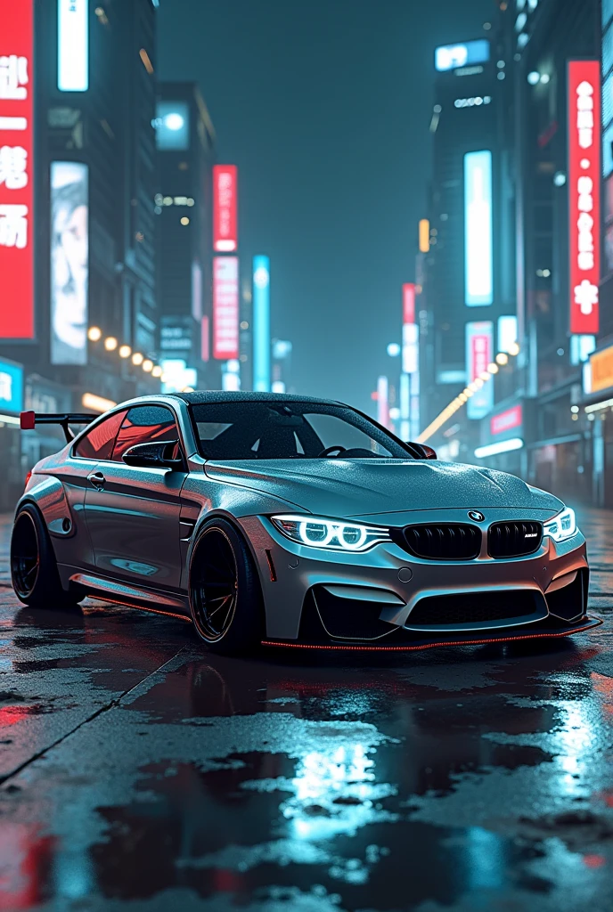 BMW WITH SPOILER LOWED AND WHITE NEON cyberpunk