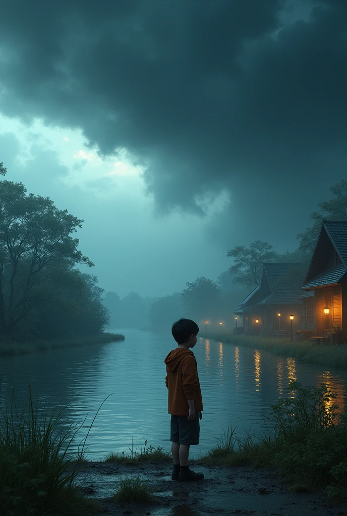 Show in cinematic 3d style "**The Storm Approaches:** Depict dark clouds gathering over the village, with winds picking up. The camera focuses on boy looking worriedly at the sky, and then quickly shifting to friends's home near the river, where water begins to rise. The atmosphere becomes tense as the storm intensifies."