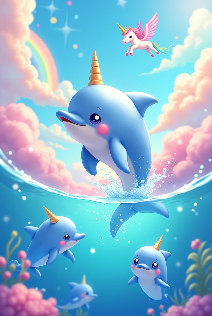 Dolphin with a kawaii rainbow in the water jumping and kawaii clouds and the water very bright with more dolphins and a very kawaii unicorn flying and the image is kawaii