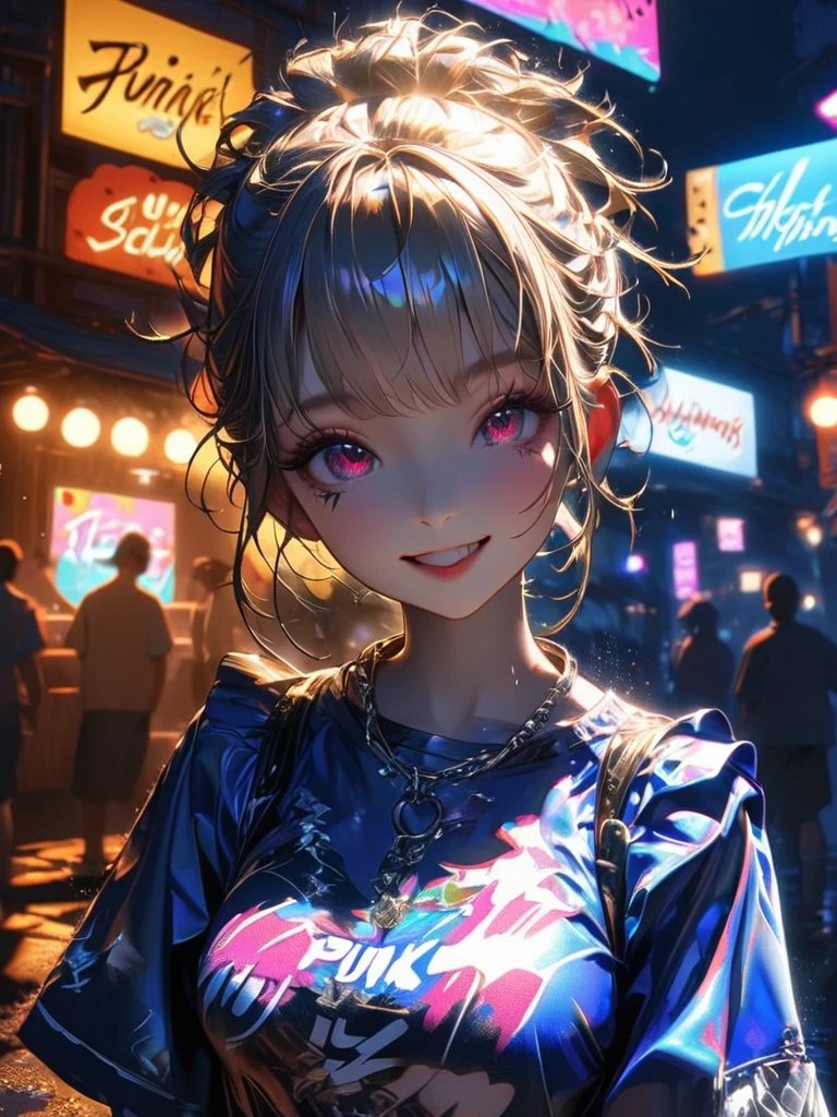 1 girl, chromatic aberration, Written boundary depth, Soft Light, masterpiece, Highest quality, complicated, Tone Mapping, A place where fireworks are set off at festivals. Concept Art, Smooth, Clear focus, Dramatic lighting, Very cinematic, super practical painting, アートステーション's trending, 8k, Incredible Shadows, practical, whole body, View, Viewers, Portrait of a Girl 1, standing on street corner, Heavy rain and lightning、Dark Sky, neon and cyber punk background, she is dressed in punk clothing with silver chains and silver spikes, Her hair was dyed light brown..................Ominous aura of light, smile, punk, ciber punk, Backlight.Fashionable clothes、Friendly dress code: Wearing a blue dress.My breasts are a little big