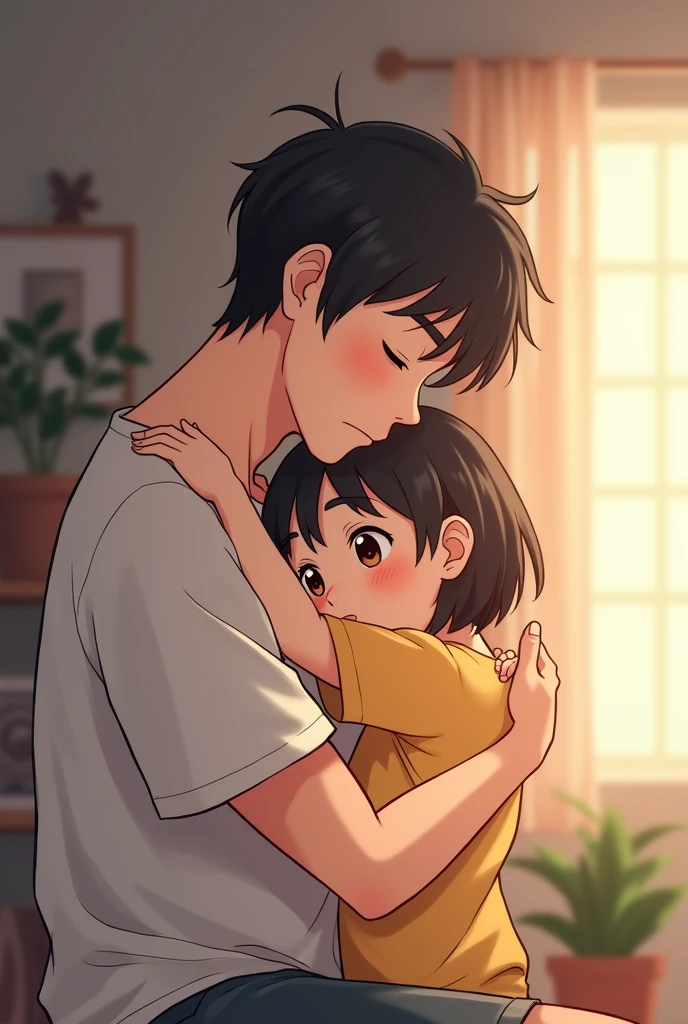 Father holding daughter on his lap anime