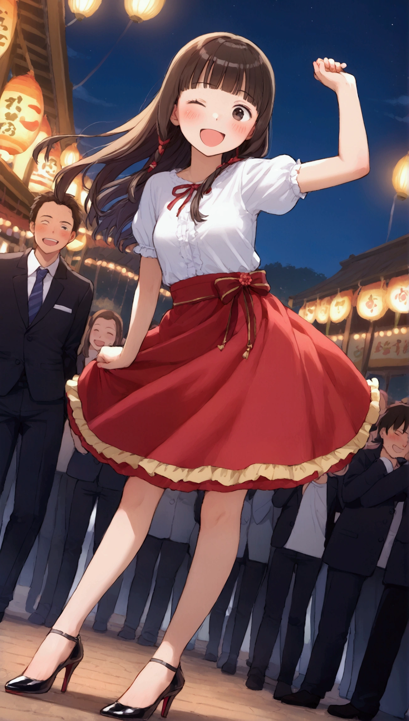 {Highest quality}, {so beautiful},{Ultra-fine},{Best illustrations},Brown Hair,Hime cut,Long Hair,Braiding,One Woman,Standing woman,Strike a Pose,Adult female,smile,Excited face,Wink,OL,suit,White Shirt,Short sleeve,Black long skirt,Night Festival,blush,thin,Black stiletto heels,From an angle,From behind,Woman with legs closed,Wave with one hand