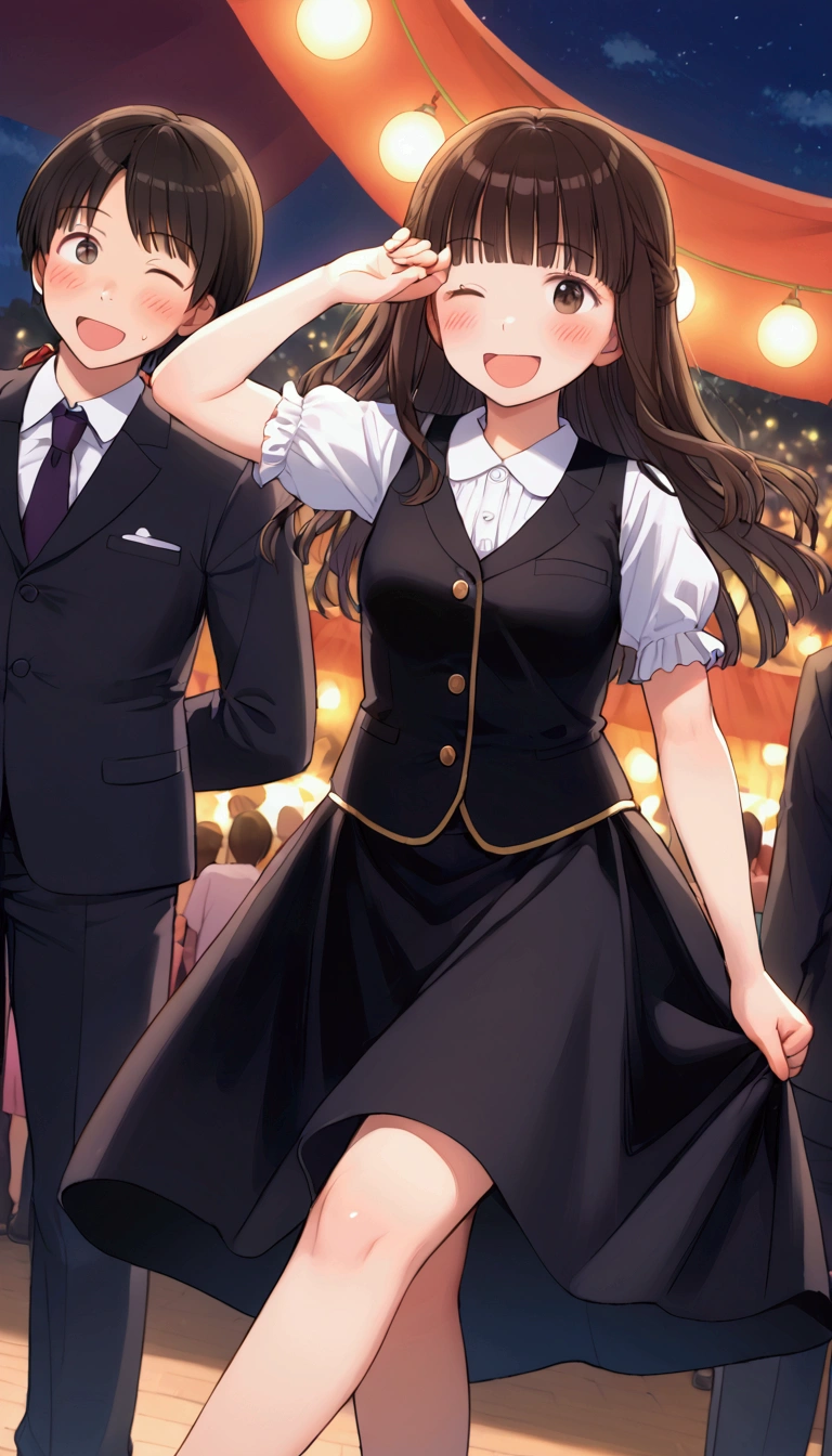 {Highest quality}, {so beautiful},{Ultra-fine},{Best illustrations},Brown Hair,Hime cut,Long Hair,Braiding,One Woman,Standing woman,Strike a Pose,Adult female,smile,Excited face,Wink,OL,suit,White Shirt,Short sleeve,Black long skirt,Night Festival,blush,thin,Black stiletto heels,From an angle,From behind,Woman with legs closed,Wave with one hand