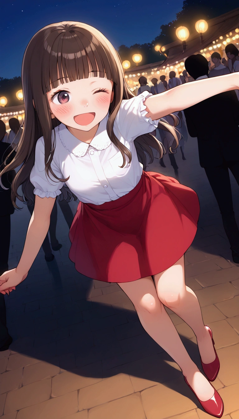 {Highest quality}, {so beautiful},{Ultra-fine},{Best illustrations},Brown Hair,Hime cut,Long Hair,Braiding,One Woman,Standing woman,Strike a Pose,Adult female,smile,Excited face,Wink,OL,suit,White Shirt,Short sleeve,Black long skirt,Night Festival,blush,thin,Black stiletto heels,From an angle,From behind,Woman with legs closed,Wave with one hand