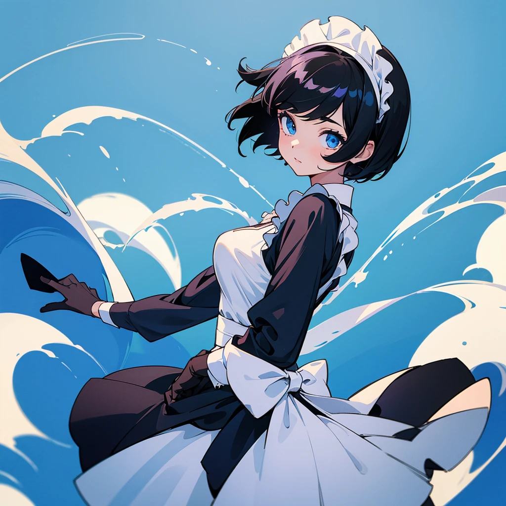 A girl with short black hair in a maid outfit on a blue background