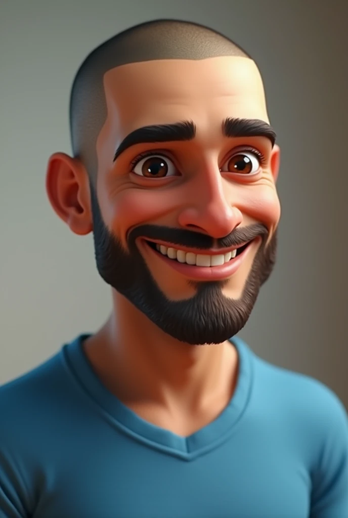 Create a portrait up to the torso of a man with a completely shaved head and a very short, neatly trimmed beard.. Her skin is tanned, d'origine espagnole, et il n'a pas de rides. Le personnage a une silhouette très fine, almost a model, with an athletic body but not too muscular. Il porte une chemise bleue qui donne une impression très professionnelle. The head should be turned slightly to the right. Le style doit être inspiré de l'animation Pixar, avec des traits doux et expressifs, and a friendly and dynamic overall appearance