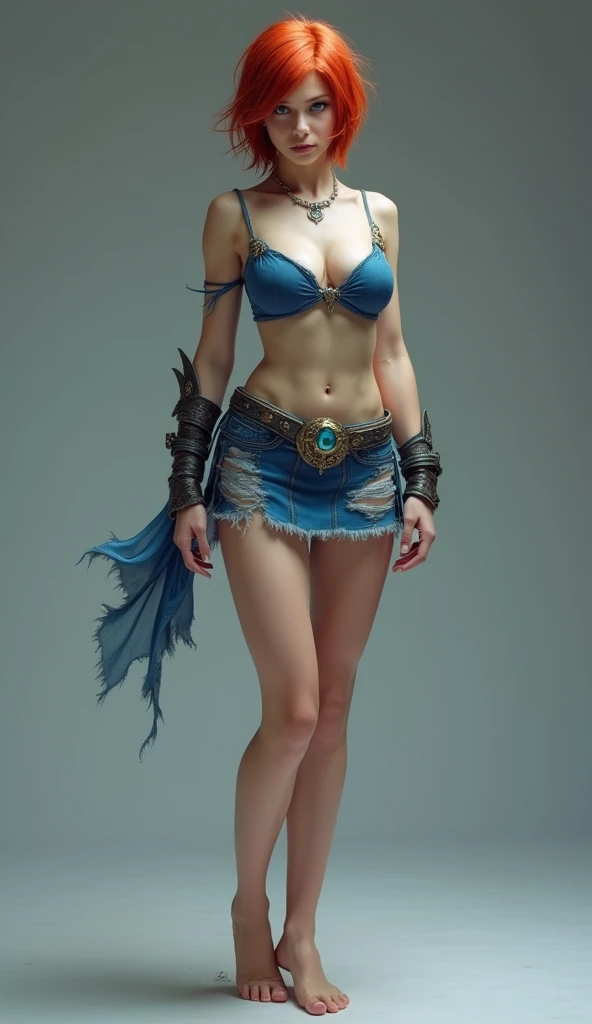 A (((full-body))), ((ultra-detailed)), ((masterpiece)) fantasy art illustration of a ((World of Warcraft)) character, in the style of the video game. She is a beautiful, young, female (((human))) with short red hair and blue eyes. She has exquisite caucasian features and ((very pale)) ((milky-white skin)). She has a ((very slim body)), with a tiny waist and skinny limbs, but her ((breasts are huge and round)), and look far too big for her slender little body. She is wearing only a ripped, skimpy blue top that reveals significant cleavage, and a torn, very short skirt that leaves her ((very thin thighs)) completely bare. She is standing with her ((back to the camera)), in a provocative pose that shows off her ((skinny legs)) and ((tight little ass)) and ((bare feet)). Her (((whole body from head to toe))) is shown.