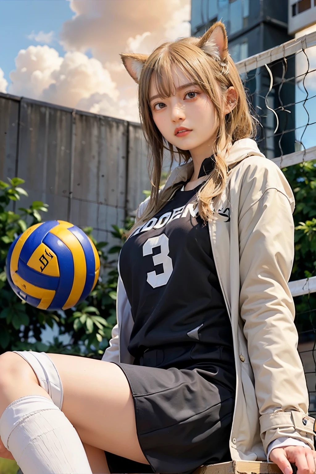 Masterpiece, 4K, bokeh, (volleyball uniform:1.5), (Bright Blonde hair:1.5), (ponytail:1.2),(Blushed face:1.3), (Plump breast:1.2), (Sitting in coat:1.2), (Cat ears:1.3),(From below:1.6),(Sundown :1.2), (Orange beautiful sky and clouds:1.2)