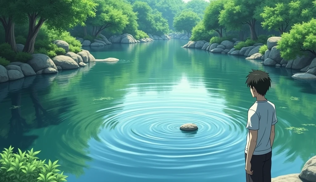 The pond's surface after Master Koji has tossed the stone into the water. Ripples spread outwards from where the stone entered, distorting the clear reflection of the trees and sky. Hiro stands beside Master Koji, watching the ripples with a confused expression. The surrounding garden is lush and green, with the tranquility of the scene momentarily disrupted by the ripples. Soft light filters through the trees, adding to the serene yet contemplative mood of the scene."
