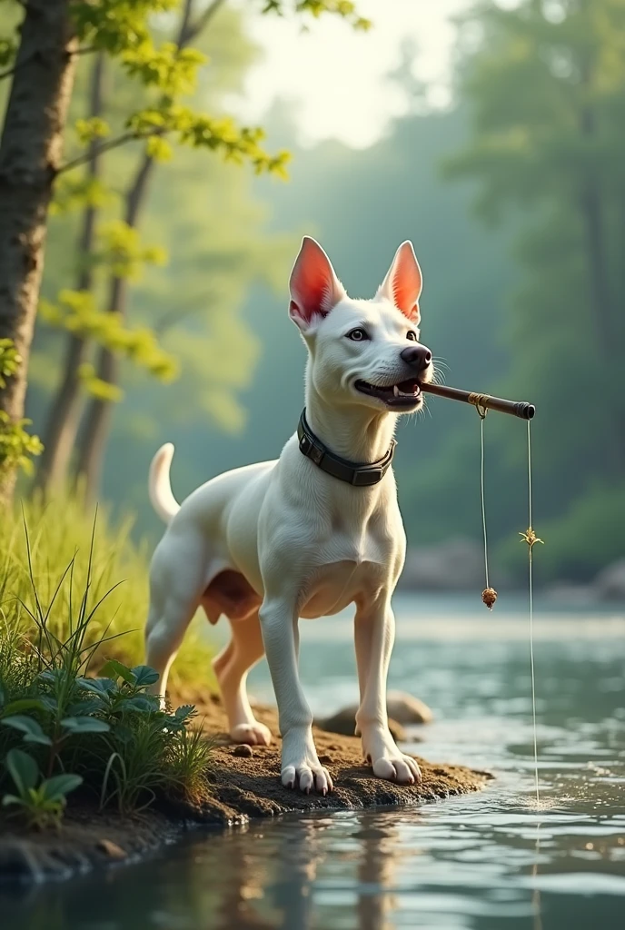 White bull terrier fishing