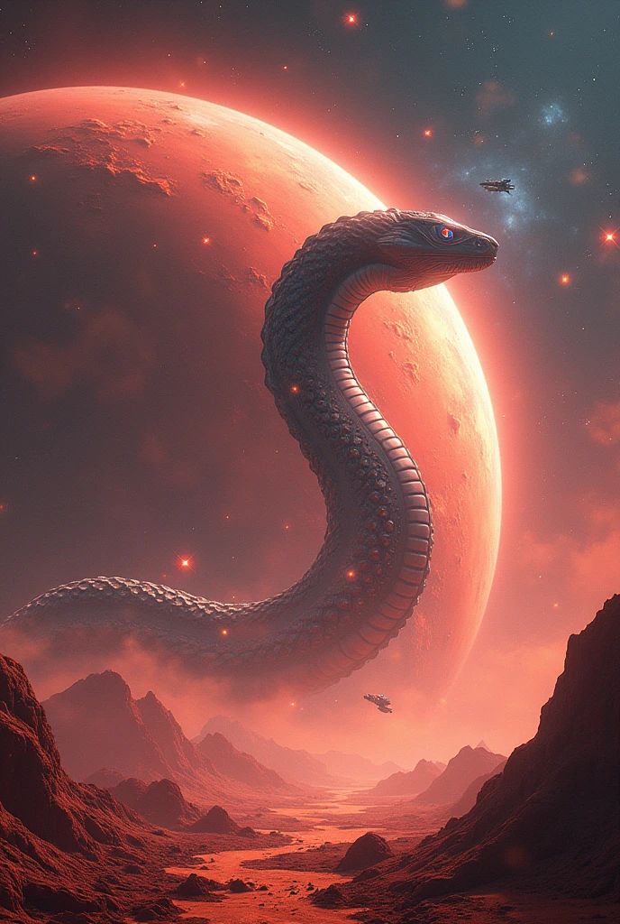 Imagine a hyper-galactic scenario with a deep space backdrop, dotted with bright stars and colorful nebulae. In the center of the image, Mars appears red, but with additional details such as bright rings around the planet. In the spotlight, a dramatic image of a stylized snake, representing majesty, is placed on the surface of Mars, with an elegant light emanating from its body. The snake can have a futuristic aspect, creating a striking contrast with the Martian environment. You can basically add some spaceships and advanced structures to add a galactic touch.