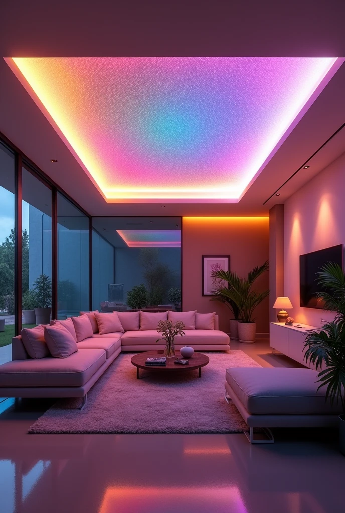 (Extremely detailed CG unity 8k wallpaper),(masterpiece), (best quality), (Extremely detailed), （RGB strip light），Living room ceiling atmosphere