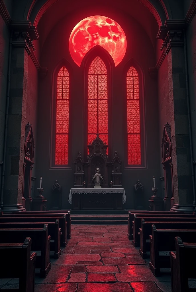 a blood-colored moon reflects through the windows, inside an old chapel with altar