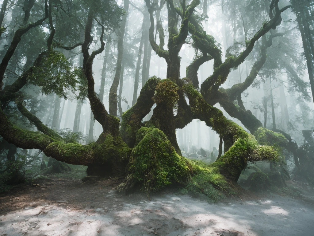 A large secular tree in dark misty forest, dark fairytale atmosphere, soft light, high chaos, intricate work by Johan Grenier style, Alyssa Monks style