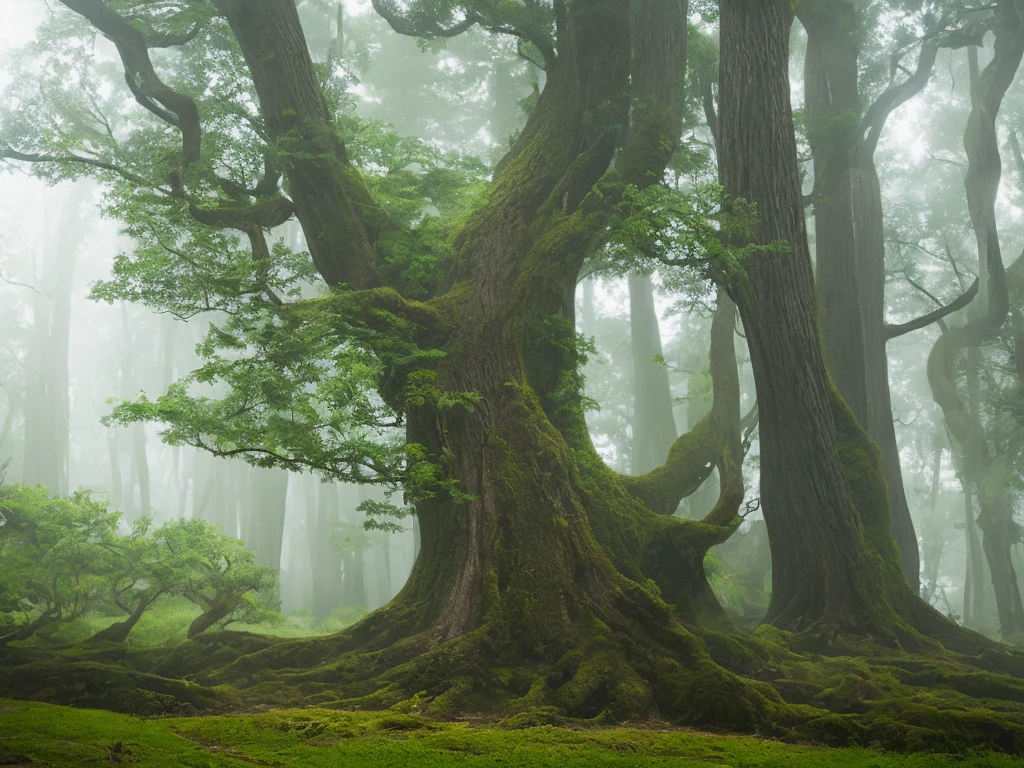 A large secular tree in dark misty forest, dark fairytale atmosphere, soft light, high chaos, intricate work by Johan Grenier style, Alyssa Monks style