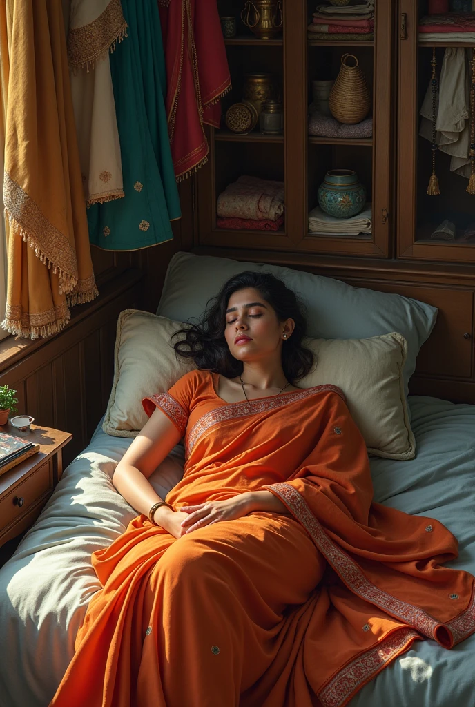 Inside a room, a woman in a sari is sleeping alone on a bed.
Inside the room there were chests, cupboards, showcases and racks, many clothes were kept on the racks