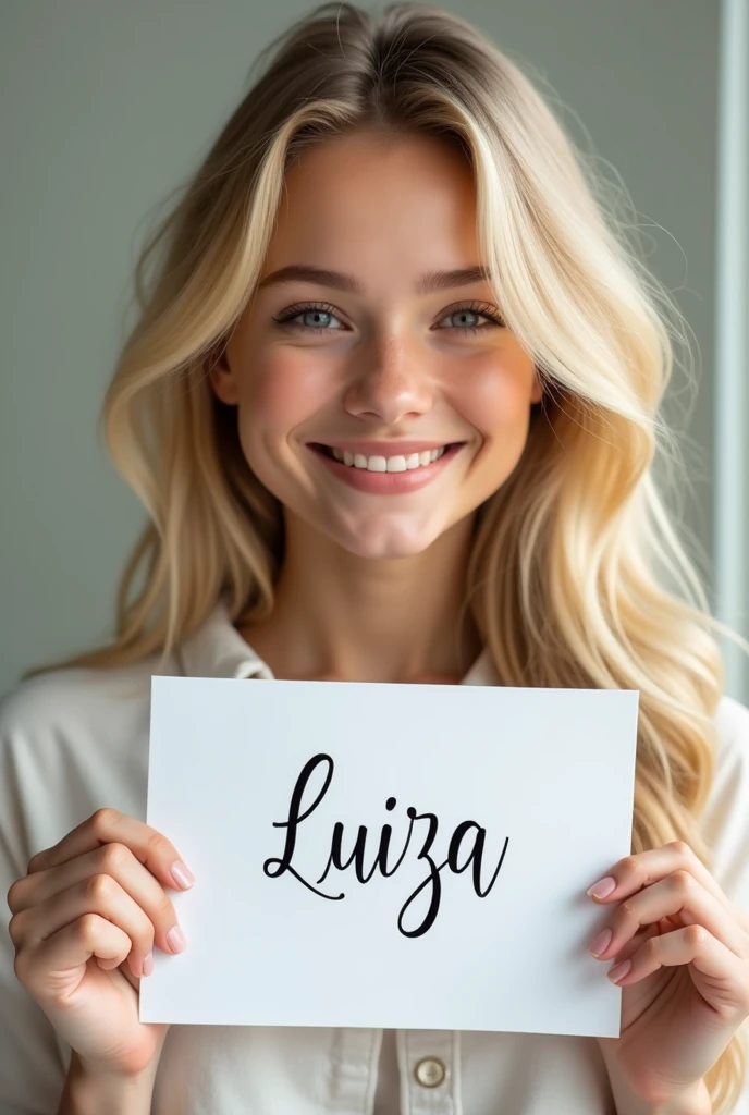beautiful and cute blonde woman,she is holding a sign with her name on it,her name is luiza