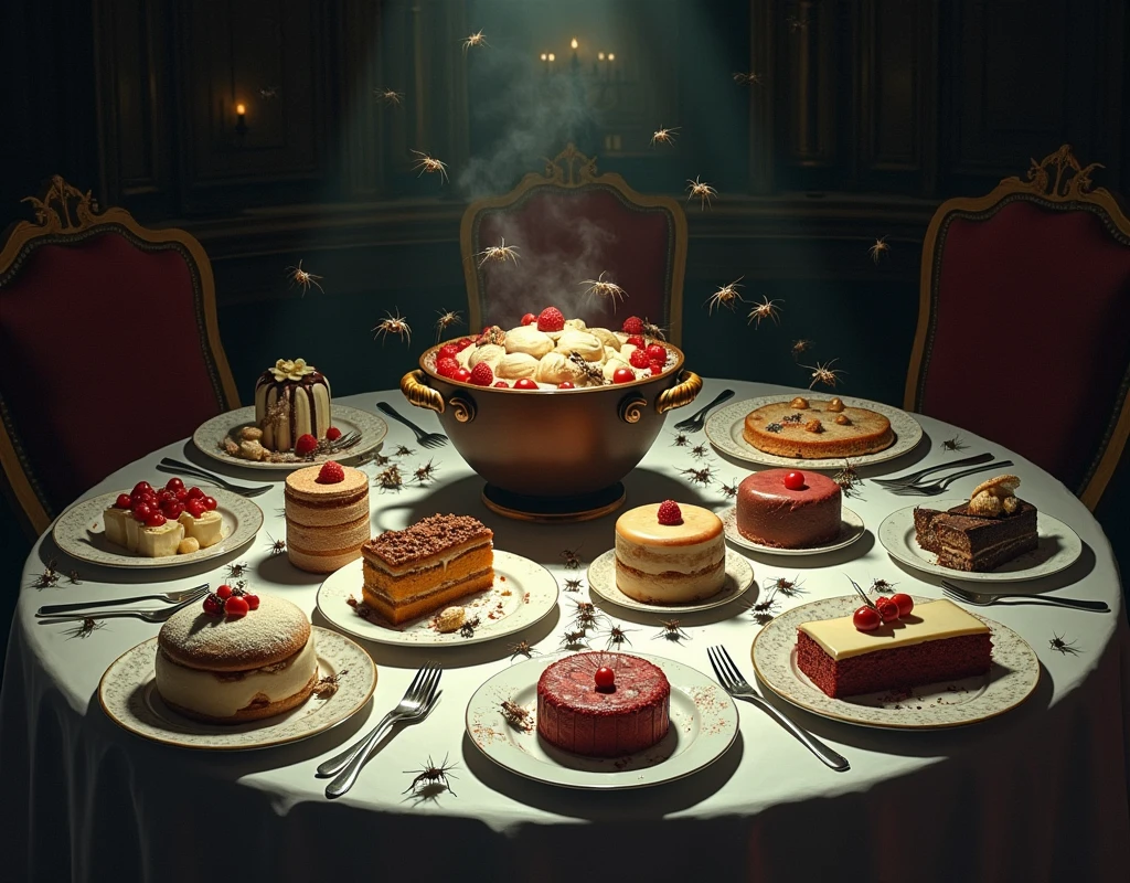 We need an image of a dining table on which food is arranged in different pots and all the food is only sweets but it is infested with insects.