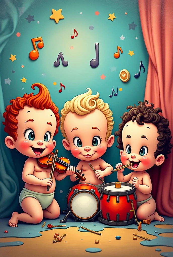 Create a cartoon mural with 3 baby characters: vivaldi, mozarth, picasso, playing instruments