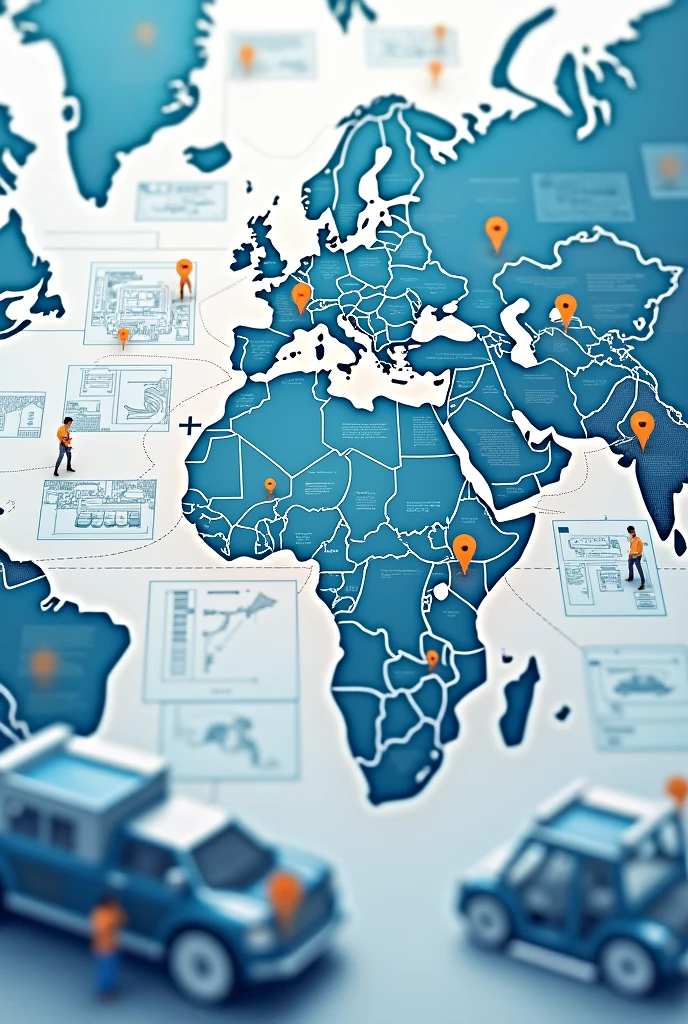 There are several pins on a world map、Each of the lecturers visited a manufacturing site.(Japan、China、South America、India etc.)shows。Also、Car and motorcycle blueprints、Icons such as scenes of workers operating machines。