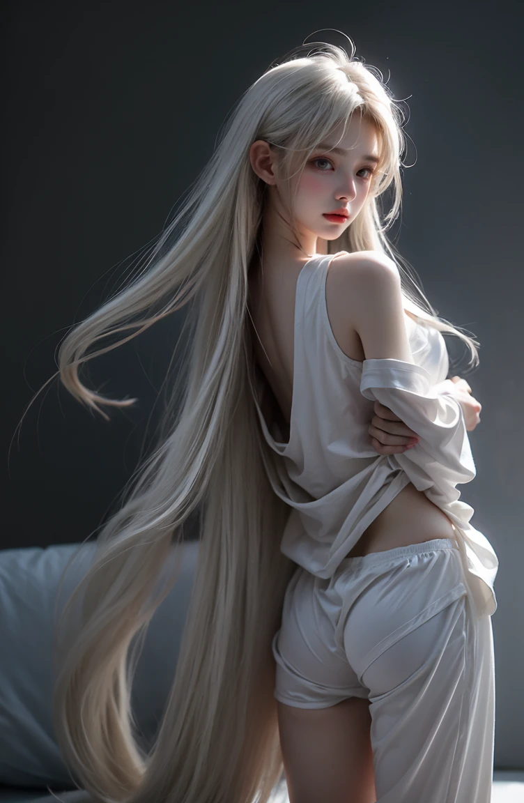 White tones，white colors，Sexy girl nipple，from back，little body，，whaite hair，White hair，White bed，Transparent silk pajamas ，Thick long hair，Empty space，Pure white space