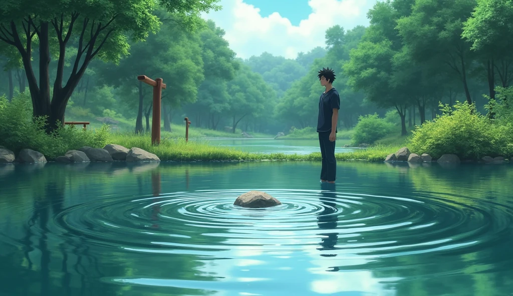 The pond's surface after Master Koji has tossed the stone into the water. Ripples spread outwards from where the stone entered, distorting the clear reflection of the trees and sky. Hiro stands beside Master Koji, watching the ripples with a confused expression. The surrounding garden is lush and green, with the tranquility of the scene momentarily disrupted by the ripples. Soft light filters through the trees, adding to the serene yet contemplative mood of the scene."