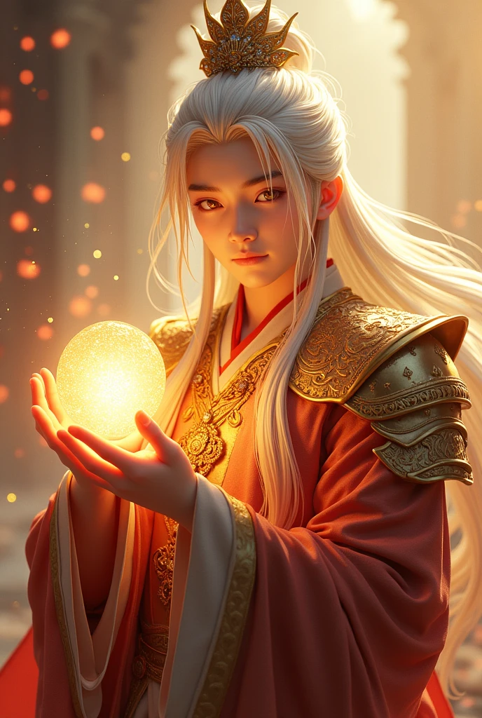 Anime style. Drawing of a man wearing golden armor and a sparkling crown. Chinese traditional long sleeves, discreet clothes, long flowing white hair tied half of the head with a beautiful brooch. Stylish. So beautiful. Golden brown eyes. In his hand he held a ball sparkling with red and yellow light. Fairy, fantasy world. Cinematic light, ethereal light, intricate detail, ultra detail, incredible detail, full color, intricate detail, extremely detailed and intricate, super maxed, ultra detailed with rich colors. masterpiece, best quality, aerial view, HDR, UHD, unreal engine. Plump look into the lens, (sparkling jewelry) ((acrylic illustration, Dark virtual background, Representation, fair skin, beautiful face, Rich in Quality details tall, gorgeous, captivating, 8k, super detailed, stunning lights and shadows, detailed decorations, detailed lines