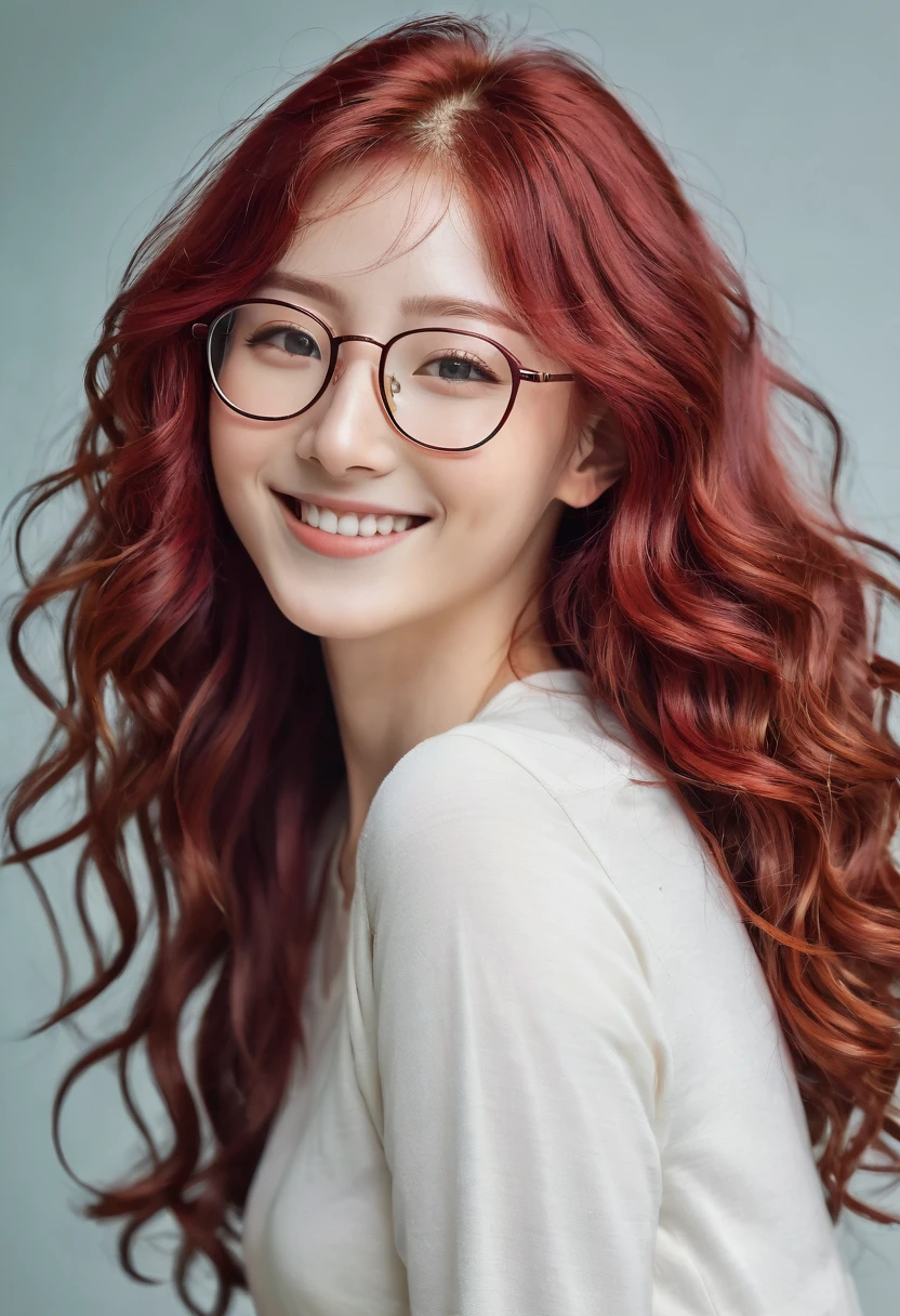 Girl, red hair and thin, happy and elongated face, whole body, and curly hair with glasses, ???
