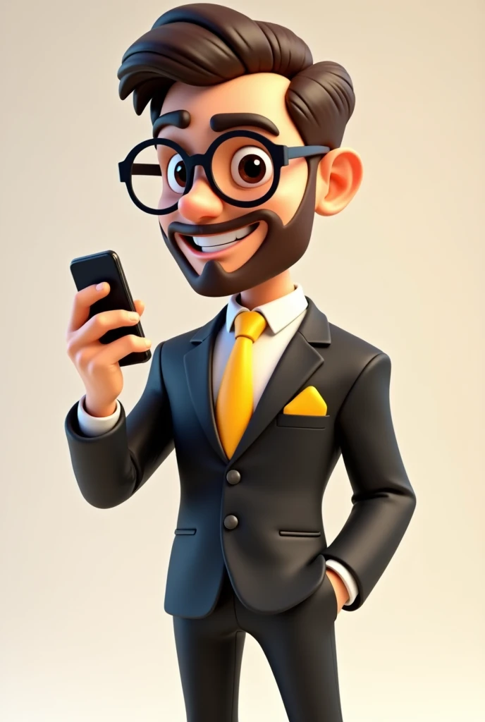 A full body 3D cartoon character. He has a friendly and charismatic appearance. The character is a young man with fair skin, a beard and dark brown hair combed up, thick eyebrows, large brown eyes and wears glasses. He is smiling confidently. The character is dressed formally, wearing a black suit, white shirt and yellow tie. In his jacket pocket is a yellow handkerchief, matching his tie. He is holding a cell phone in one hand and the other is pointing at the cell phone. Your posture and relaxed posture suggest confidence and ease. The background of the image is neutral, which highlights the character even more.