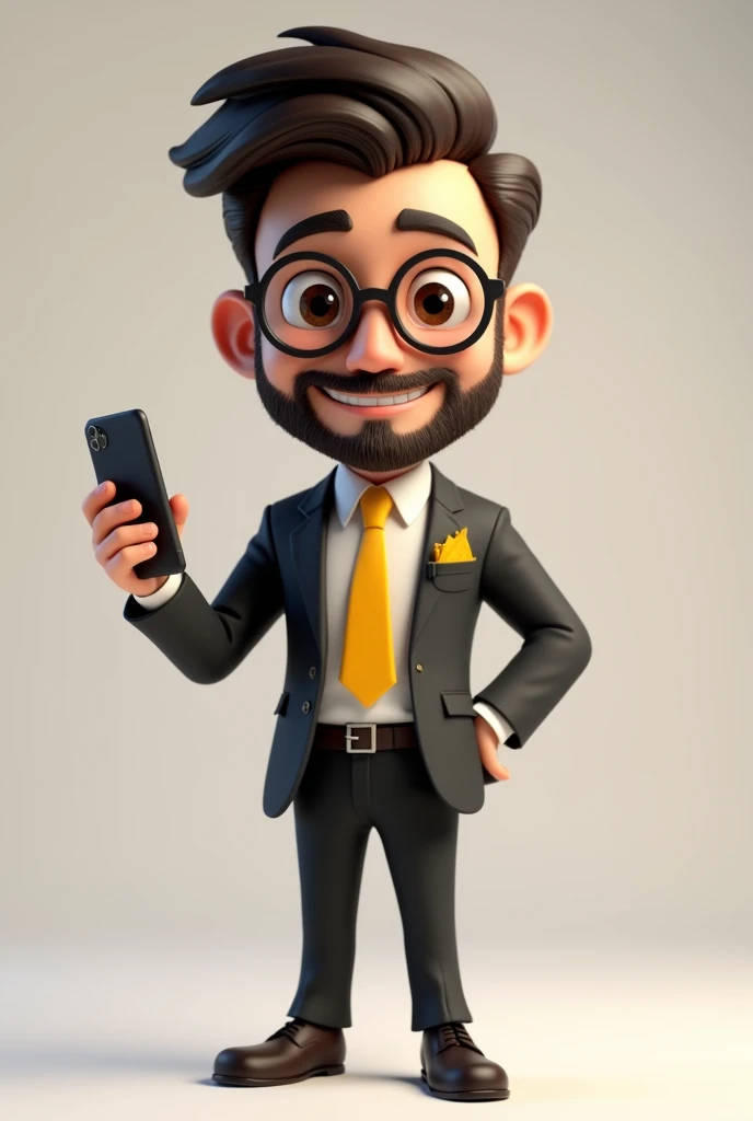 A full body 3D cartoon character. He has a friendly and charismatic appearance. The character is a young man with fair skin, a beard and dark brown hair combed up, thick eyebrows, large brown eyes and wears glasses. He is smiling confidently. The character is dressed formally, wearing a black suit, white shirt and yellow tie. In his jacket pocket is a yellow handkerchief, matching his tie. He is holding a cell phone in one hand and the other is pointing at the cell phone. Your posture and relaxed posture suggest confidence and ease. The background of the image is neutral, which highlights the character even more.