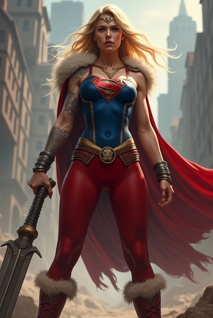 ((((Supergirl Woman of thick build with muscles in arms and legs)))),(((A beautiful woman with long blonde hair ruffled by the wind))),(((Blue corset with wide brown leather harness)))),((((Red legis)))),((((Red boots on sheepdog con borde)))),(((Sheepskin on his shoulders))),(((Tattoos on one of his arms)))),((((Giant Broad-Brimmed Sword)))),(((Red legis))),(((Red boots on sheepdog))),(((Blue corset with Supergirl emblem )))),((((Silver-colored metal bracelets oscuros)))),((((woman with a thick build, muscular arms and legs)))),((((Silver-colored metal bracelets))),(((((Sheepskin on his shoulders and a red cape))))),((((red cape)))),(((((Supergirl emblem on her chest )))))