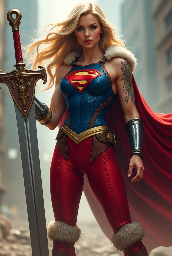 ((((Supergirl Woman of thick build with muscles in arms and legs)))),(((A beautiful woman with long blonde hair ruffled by the wind))),(((Blue corset with wide brown leather harness)))),((((Red legis)))),((((Red boots on sheepdog con borde)))),(((Sheepskin on his shoulders))),(((Tattoos on one of his arms)))),((((Giant Broad-Brimmed Sword)))),(((Red legis))),(((Red boots on sheepdog))),(((Blue corset with Supergirl emblem )))),((((Silver-colored metal bracelets oscuros)))),((((woman with a thick build, muscular arms and legs)))),((((Silver-colored metal bracelets))),(((((Sheepskin on his shoulders and a red cape))))),((((red cape)))),(((((Supergirl emblem on her chest )))))