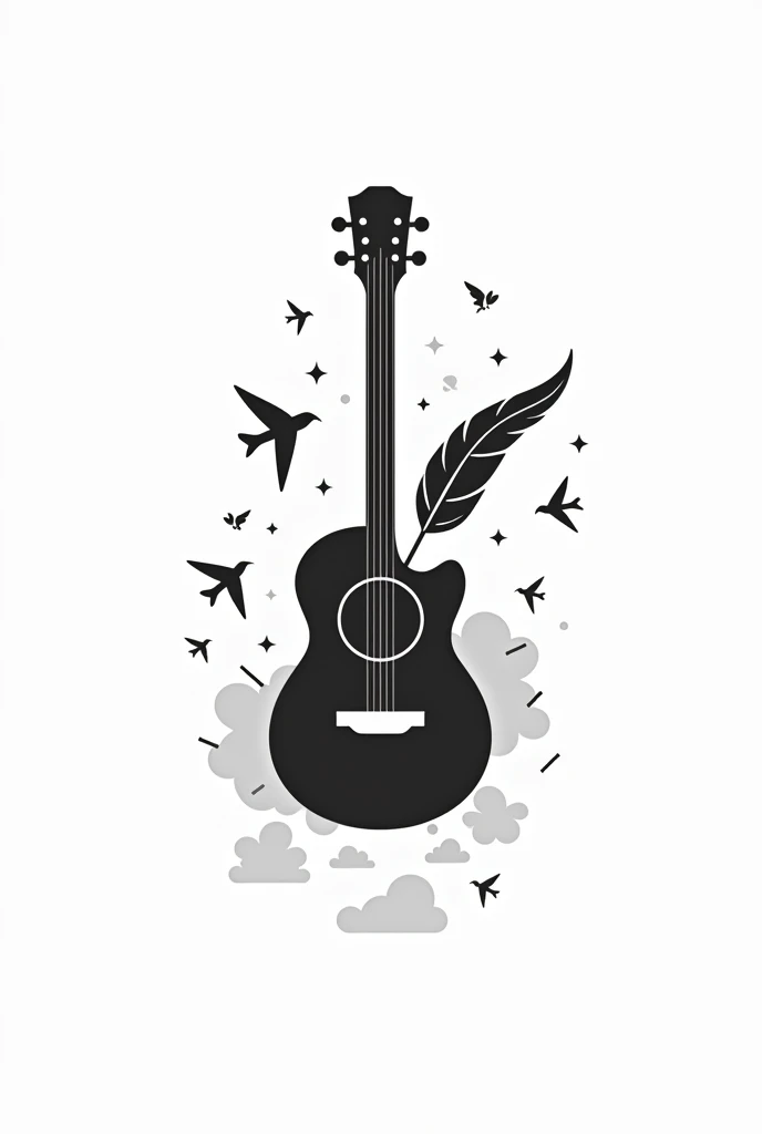 Créer un logotype en et blanc avec une guitare, une plume d’écriture, des mots et des oiseaux qui volent et des nuages