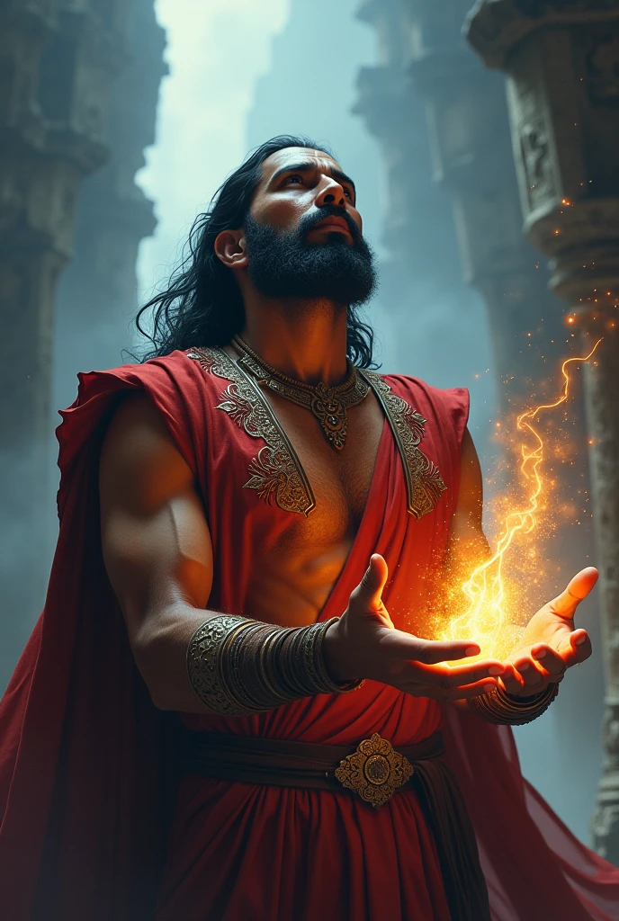 Powerful beardless Indian looking up holding magic spells