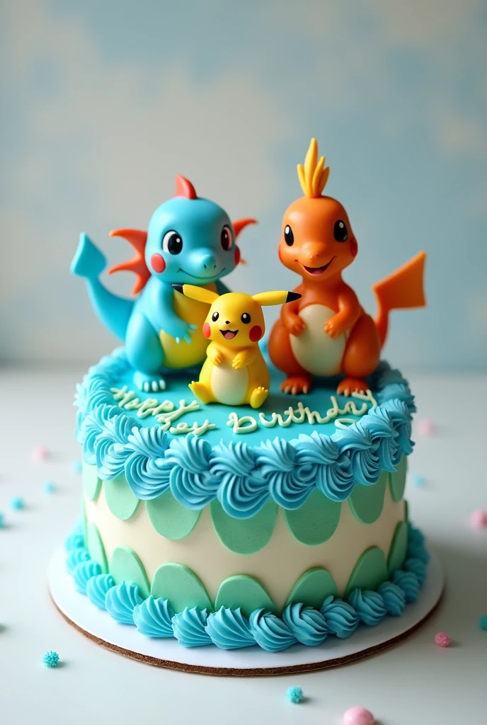 Small round cake decorated with blue chantilly tinged with light blue and green with TOTODILE, picachu, Chantilly Charizard AND SAY HAPPY BIRTHDAY SEBASTIAN 