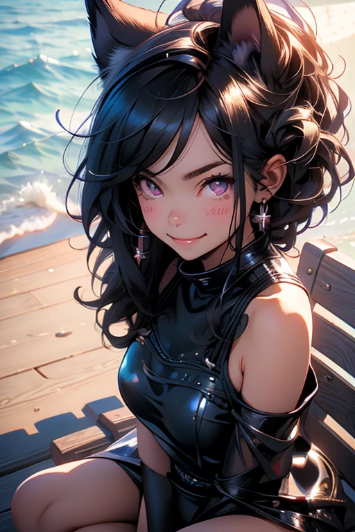 Perfect face. Perfect hands. A black haired woman with violet eyes and black fox ears and a black fox tail in a cute one-piece swimsuit is smiling while sitting on the dock at the beach