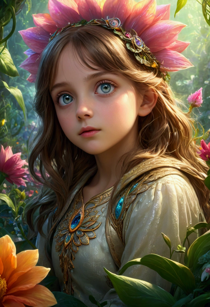 A young girl sitting on a giant flower, a small magical creature beside her with large shimmering eyes watching her closely, detailed portrait, highly detailed, intricate details, beautiful fantasy landscape, lush vibrant colors, ethereal lighting, dreamlike atmosphere, digital painting, concept art, cinematic composition, masterpiece, best quality, 4k, 8k, highres, ultra-detailed, realistic, photorealistic, photo-realistic, HDR, studio lighting, extreme detail description, vivid colors, professional