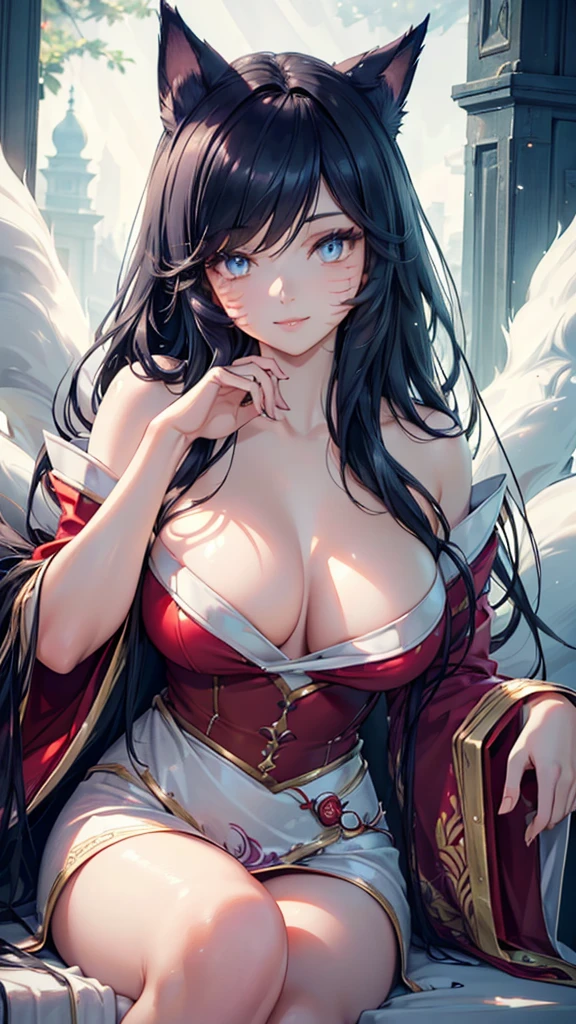 (best quality,ultra-detailed,realistic:1.37),Ahri,spa,luxurious,relaxing atmosphere,beautiful detailed eyes,beautiful detailed lips,smiling,bathrobe,sitting upright,black hair,nine white tails,peaceful background,portraits,vivid colors,soft lighting,tranquil ambiance, bare breasts