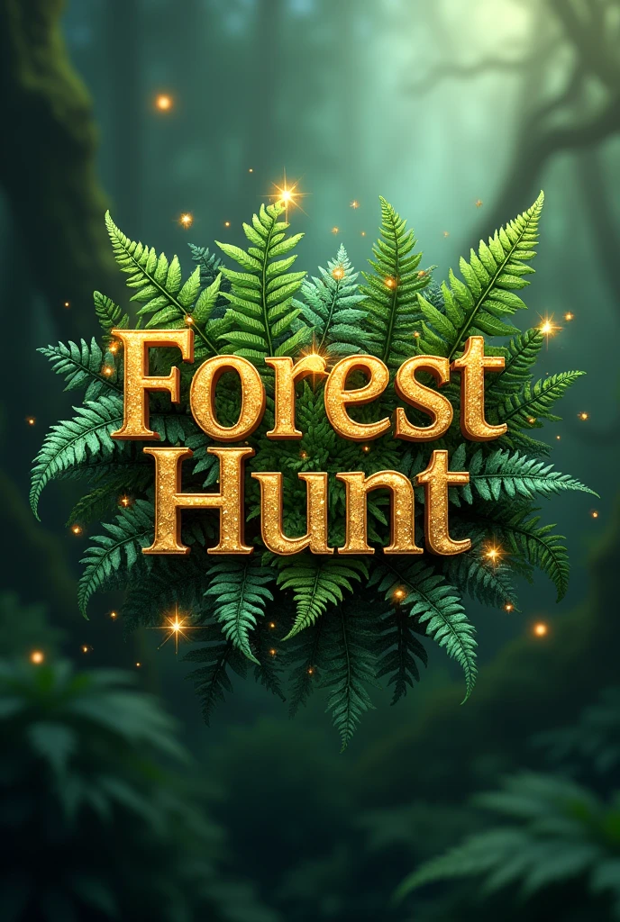 Create logo with the word Forest Hunt in a mystic & fantasy style with glitter flying around. Font should be elegant sharp golden and beautiful with enchanted vibe with ferns sprouting from behind the text. Imag should be 3d