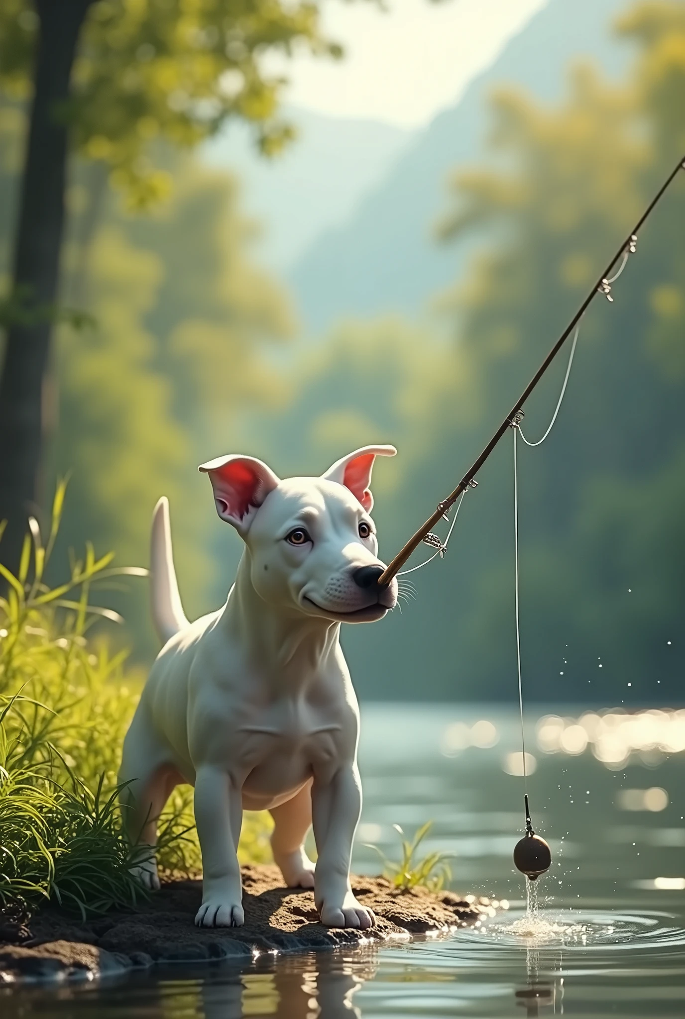 White bull terrier fishing