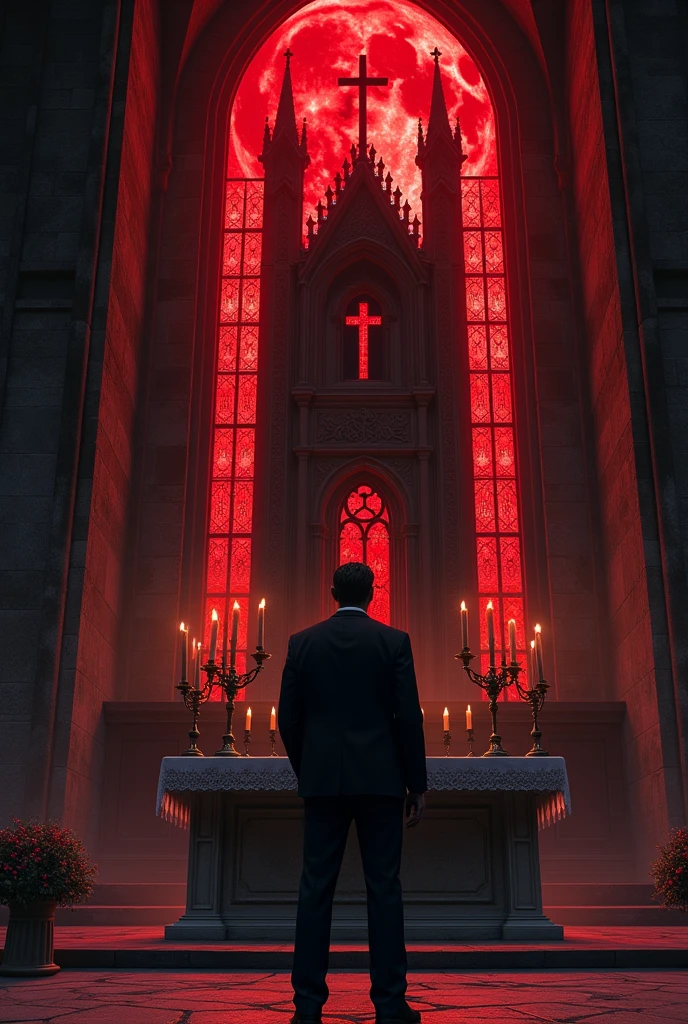 a blood-colored moon reflects through the windows, inside an old chapel with altar, man in suit waiting