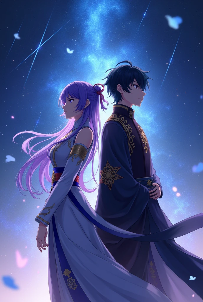 Create an image featuring the characters Keqing and Zhongli from Genshin Impact. Zhongli must have his typical dark hair and his original Liyue clothes.. Both characters must be standing back to back. The background must have shooting stars