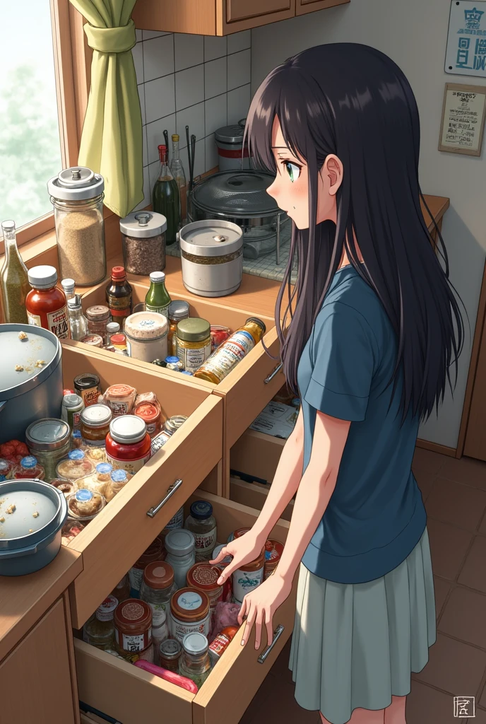 Super detailed、Ultra HD、The contents of the drawers in an average Japanese household are not organized.、Seasoning、The cookware is not very clean.。Next to her is a woman with long hair, looking through a drawer in confusion.。
Photographic images