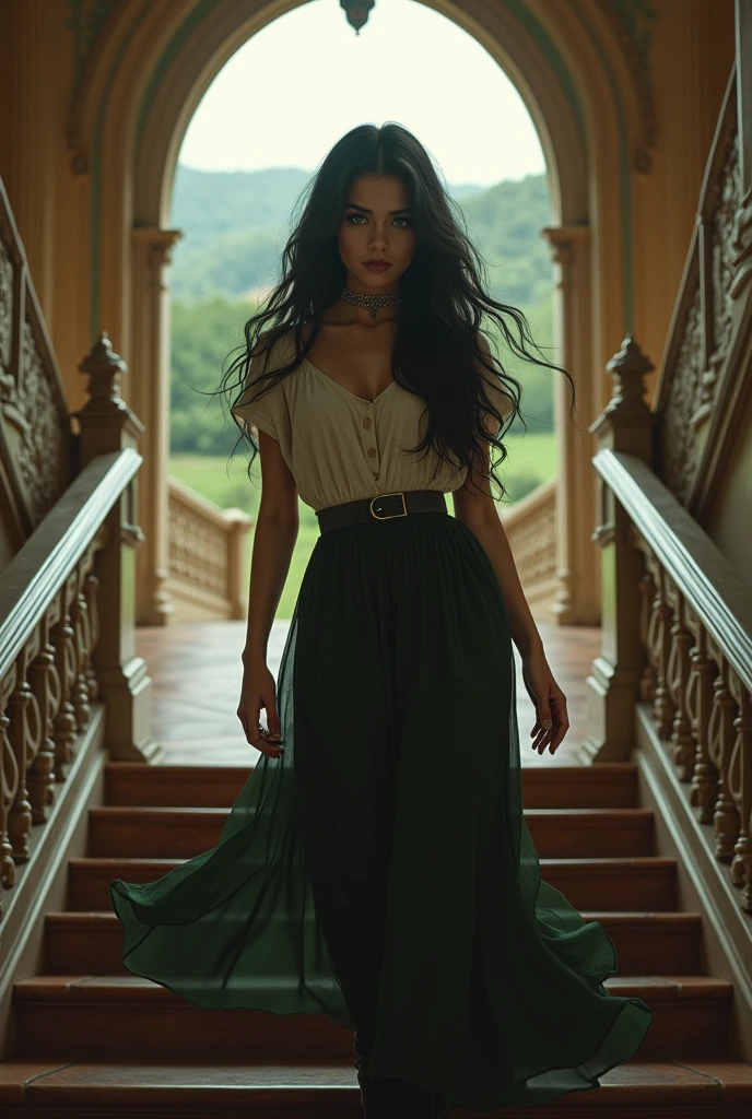 Black haired woman walking down the stairs of a beautiful mansion in the countryside. with long black hair, long skirt, long boots with a country style, a choker, Green eyes and a slim and beautiful body 