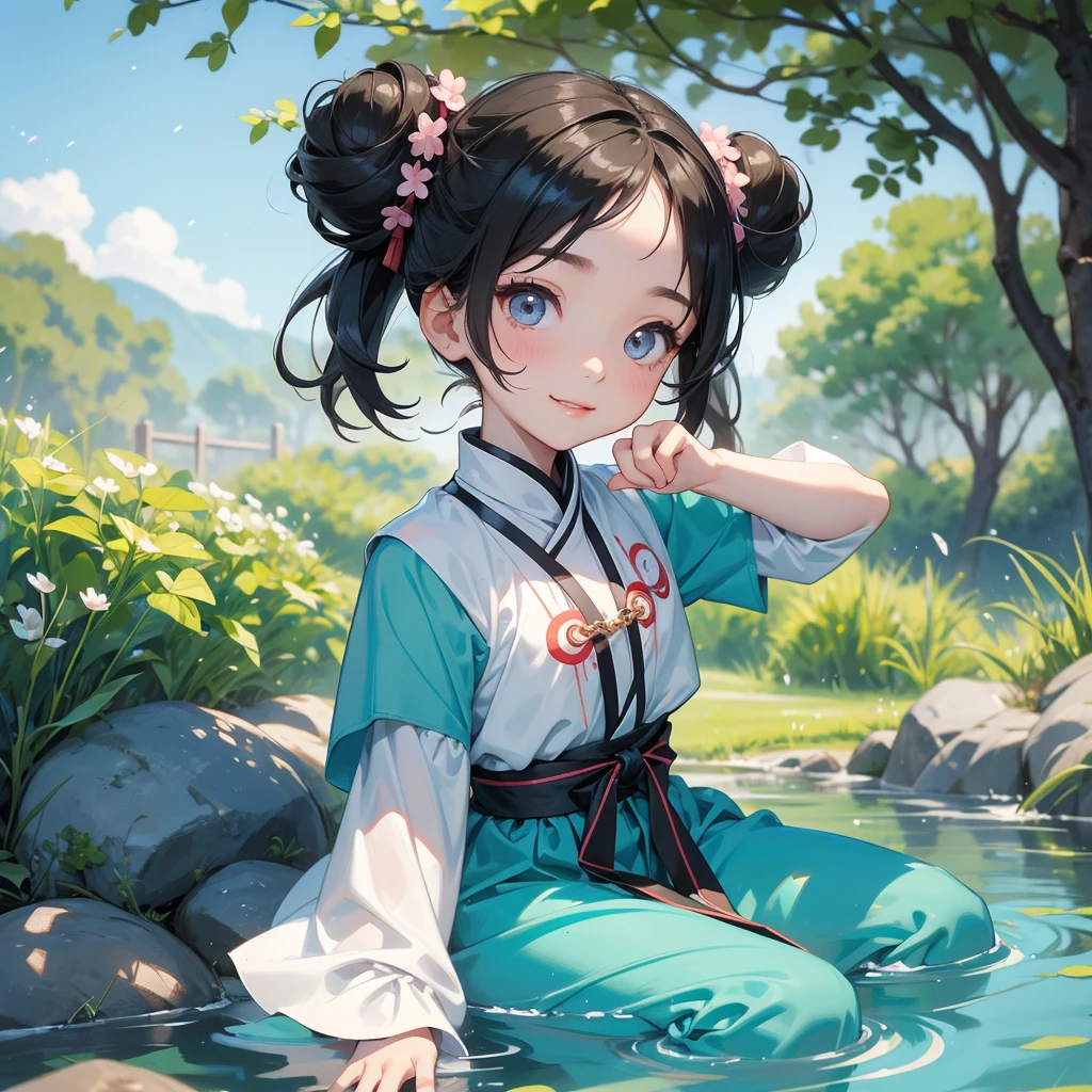 A chibi  girl had a small face and Wearing white little Taoist priest's outfit. A pair of big round eyes shone with curiosity about him. This childso cute! ,her hair is black with two buns on her hair.small chibi, chibi baby, smilThe little chibi boked up with chest raised, and his face was old and proud.

Sitting fishing next to a green stream, a blue river full of fish. flowing slowly