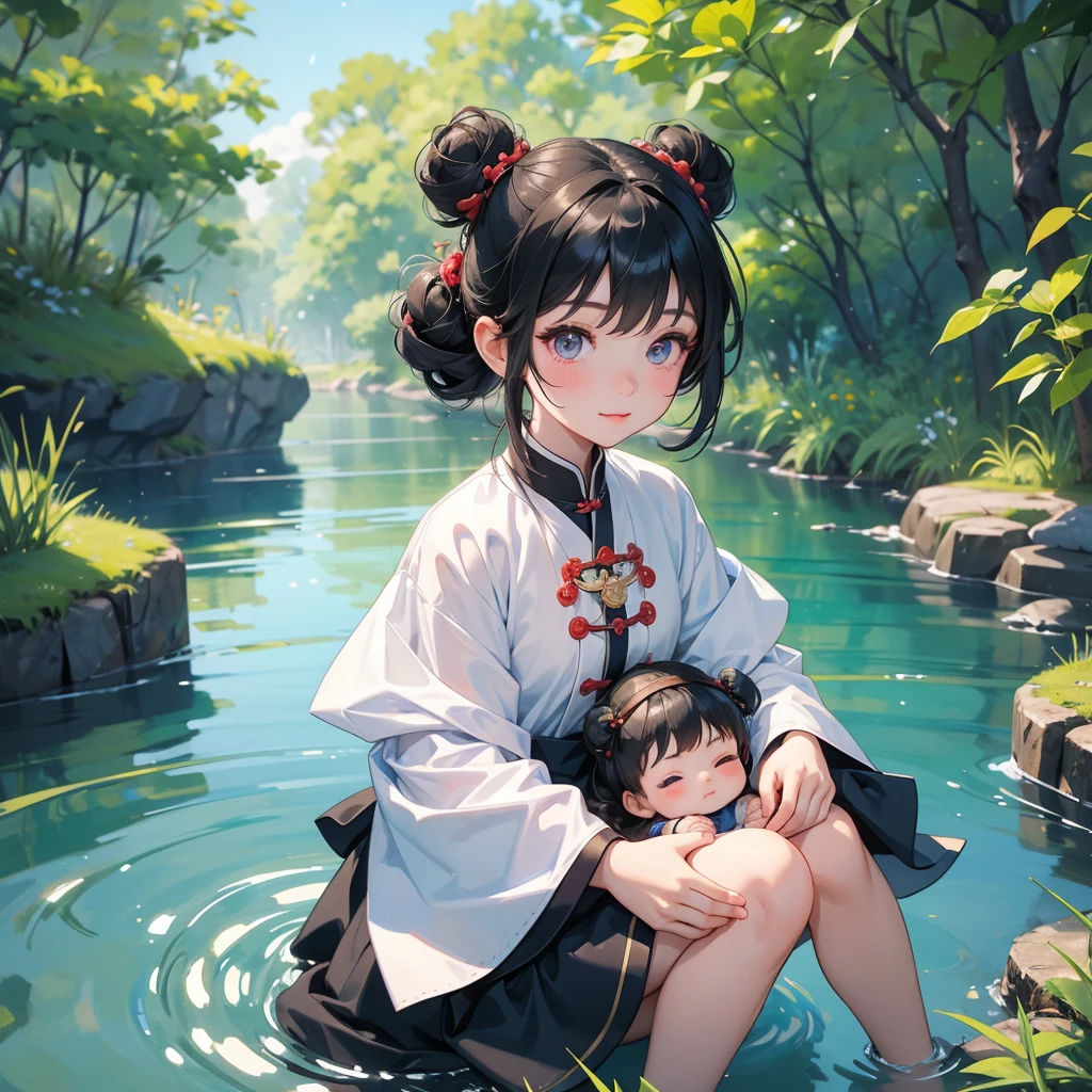 A chibi child girl had a small face and Wearing white little Taoist priest's outfit. A pair of big round eyes shone with curiosity about him. This child was so cute! ,her hair is black with two buns on her hair.small chibi, chibi baby, smiling,The little chibi baby looked up with his chest raised, and his face was old and proud.
Sitting fishing next to a green stream, a blue river full of fish. flowing slowly