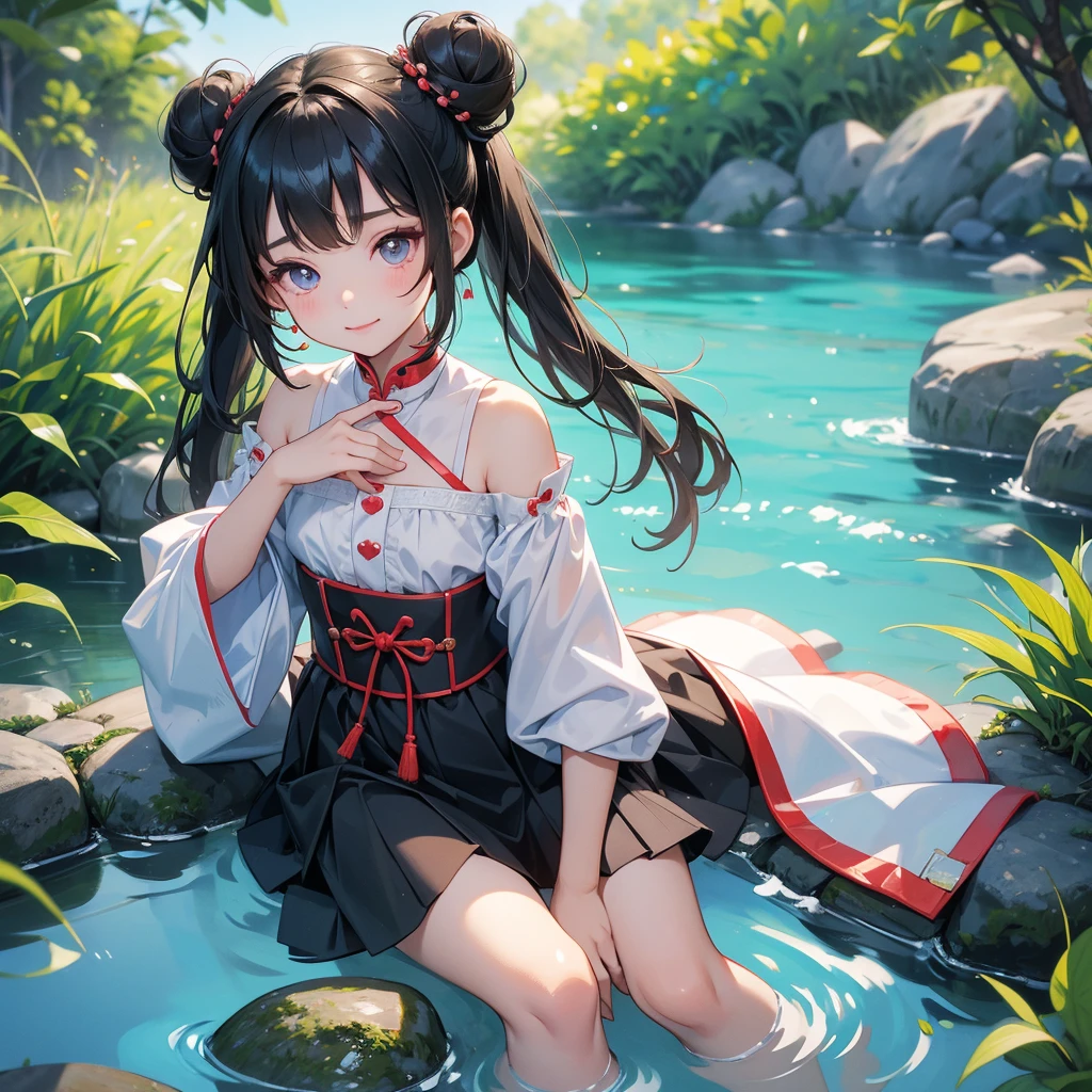 A chibi child girl had a small face and Wearing white little Taoist priest's outfit. A pair of big round eyes shone with curiosity about him. This child was so cute! ,her hair is black with two buns on her hair.small chibi, chibi baby, smiling,The little chibi baby looked up with his chest raised, and his face was old and proud.
Sitting fishing next to a green stream, a blue river full of fish. flowing slowly