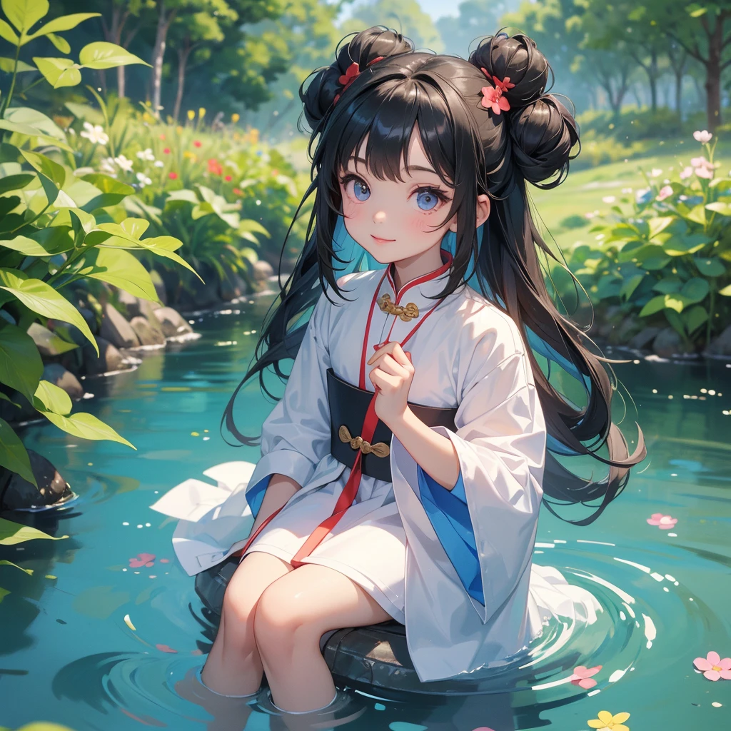 A chibi child girl had a small face and Wearing white little Taoist priest's outfit. A pair of big round eyes shone with curiosity about him. This child was so cute! ,her hair is black with two buns on her hair.small chibi, chibi baby, smiling,The little chibi baby looked up with his chest raised, and his face was old and proud.
Sitting fishing next to a green stream, a blue river full of fish. flowing slowly